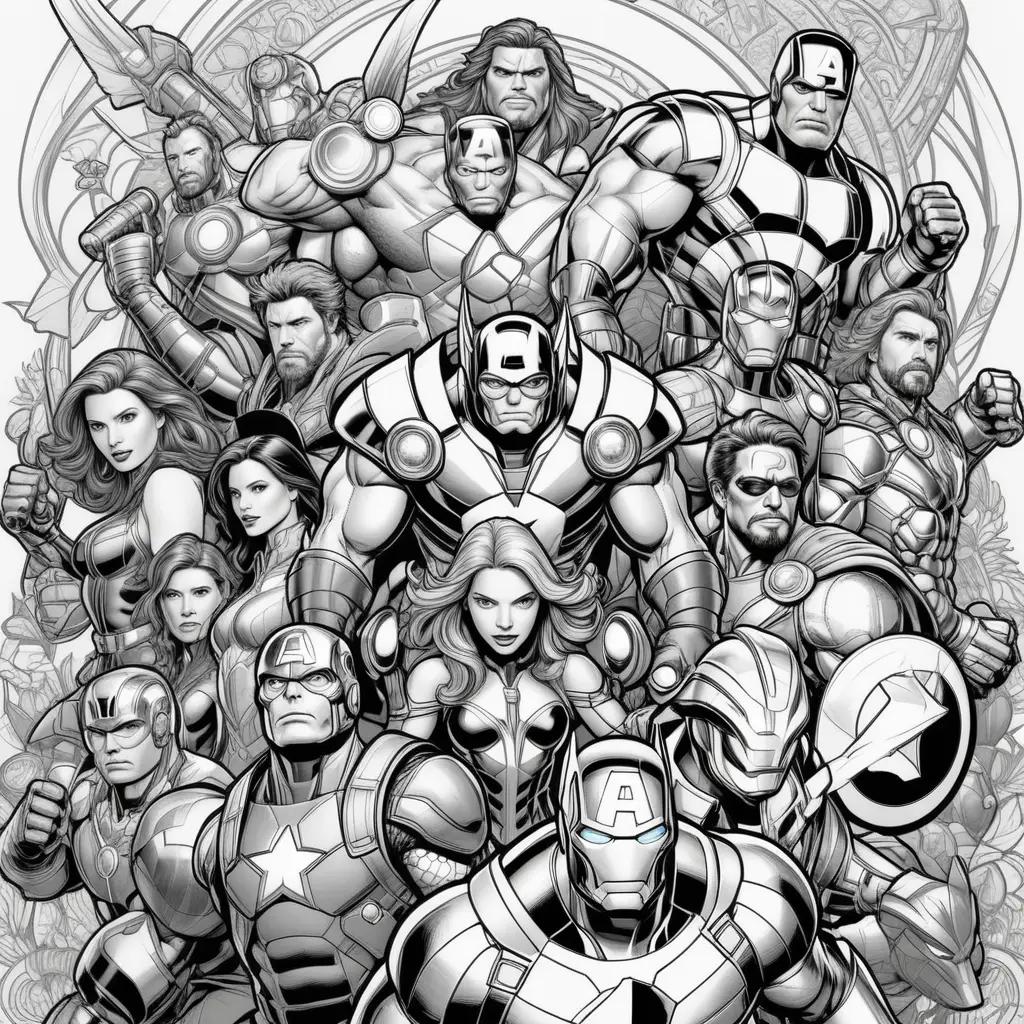 Black and white coloring pages of Avengers characters