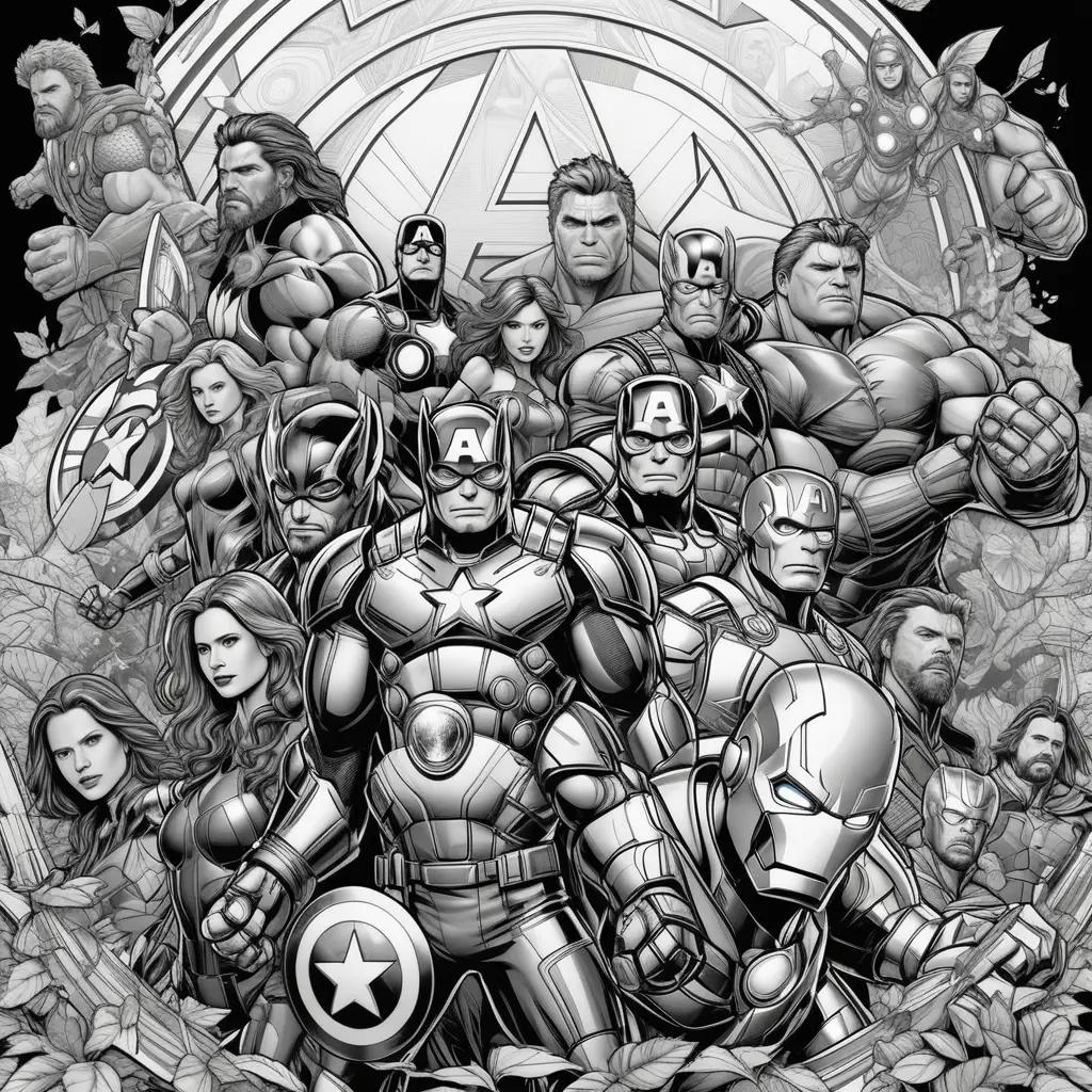 Black and white coloring pages of Avengers team