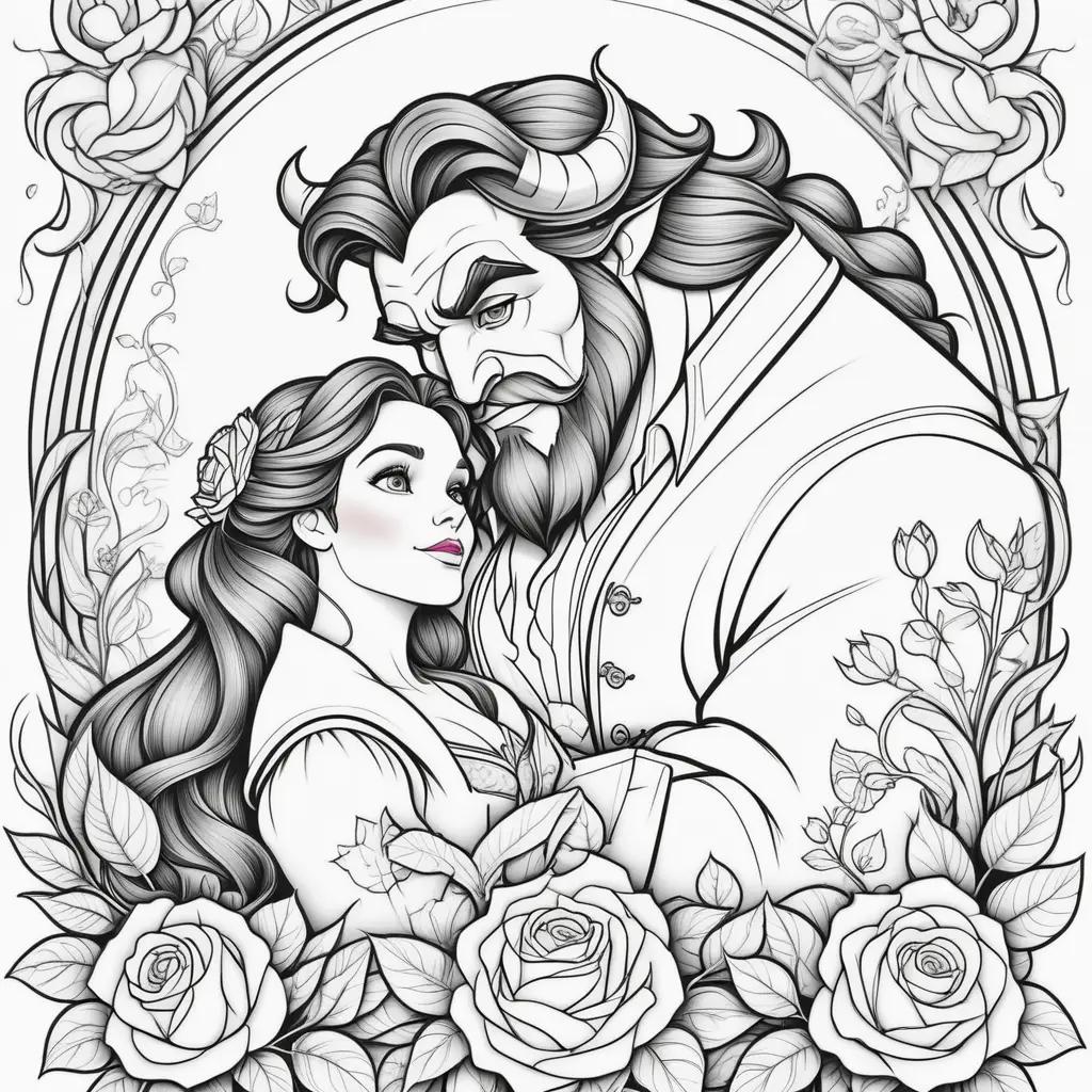 Black and white coloring pages of Beauty and the Beast