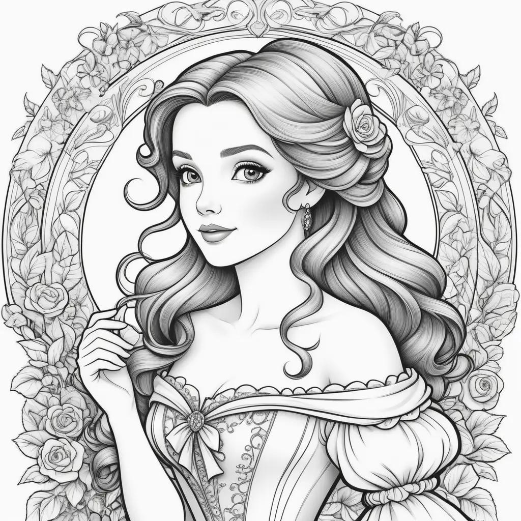 Black and white coloring pages of Belle from Beauty and the Beast