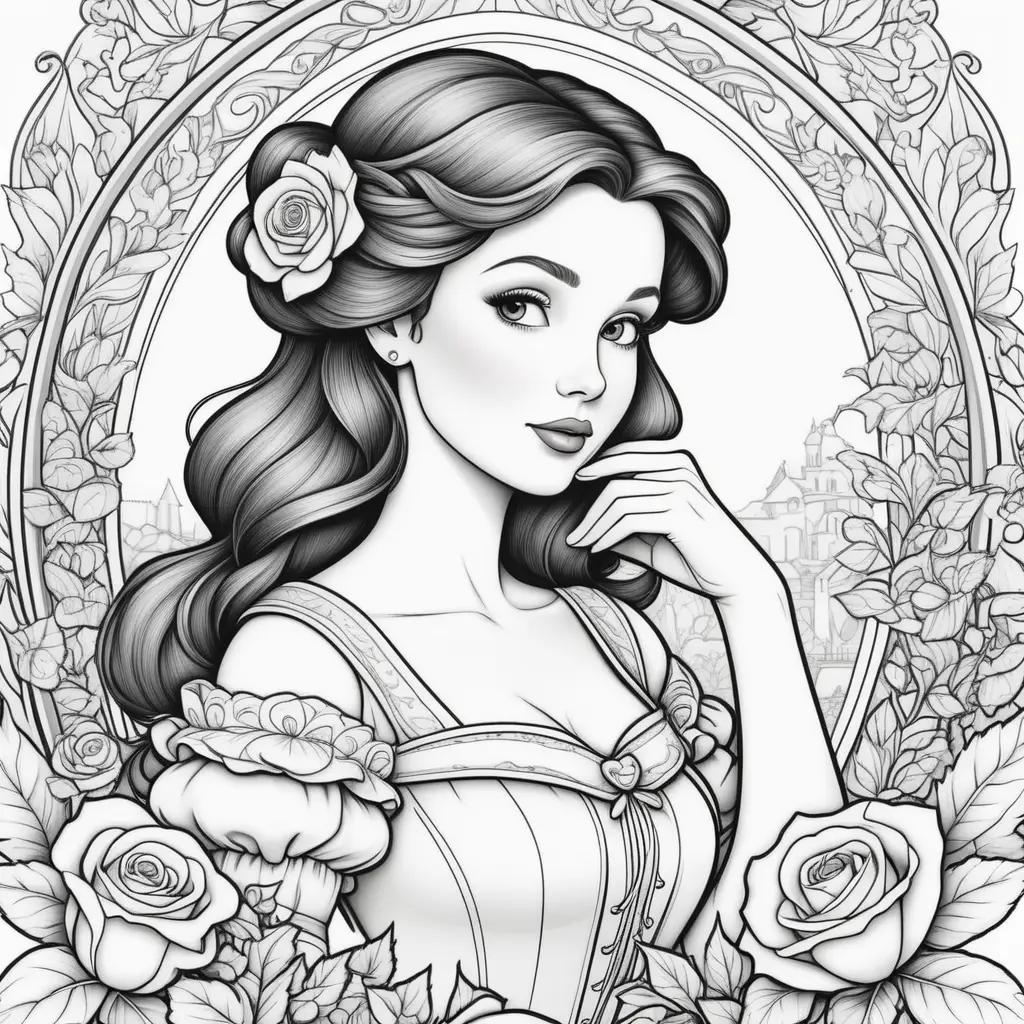 Black and white coloring pages of Belle from Beauty and the Beast