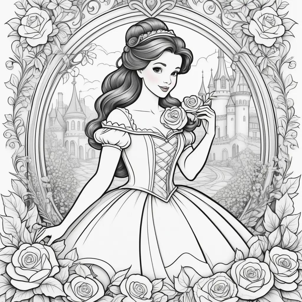 Black and white coloring pages of Belle from Beauty and the Beast