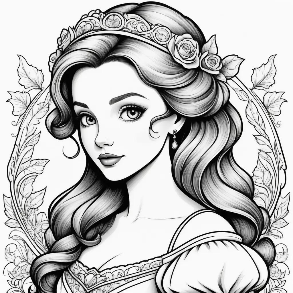 Black and white coloring pages of Belle from Beauty and the Beast