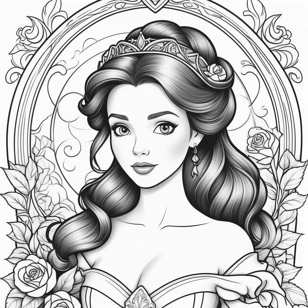 Black and white coloring pages of Disney Princess Belle