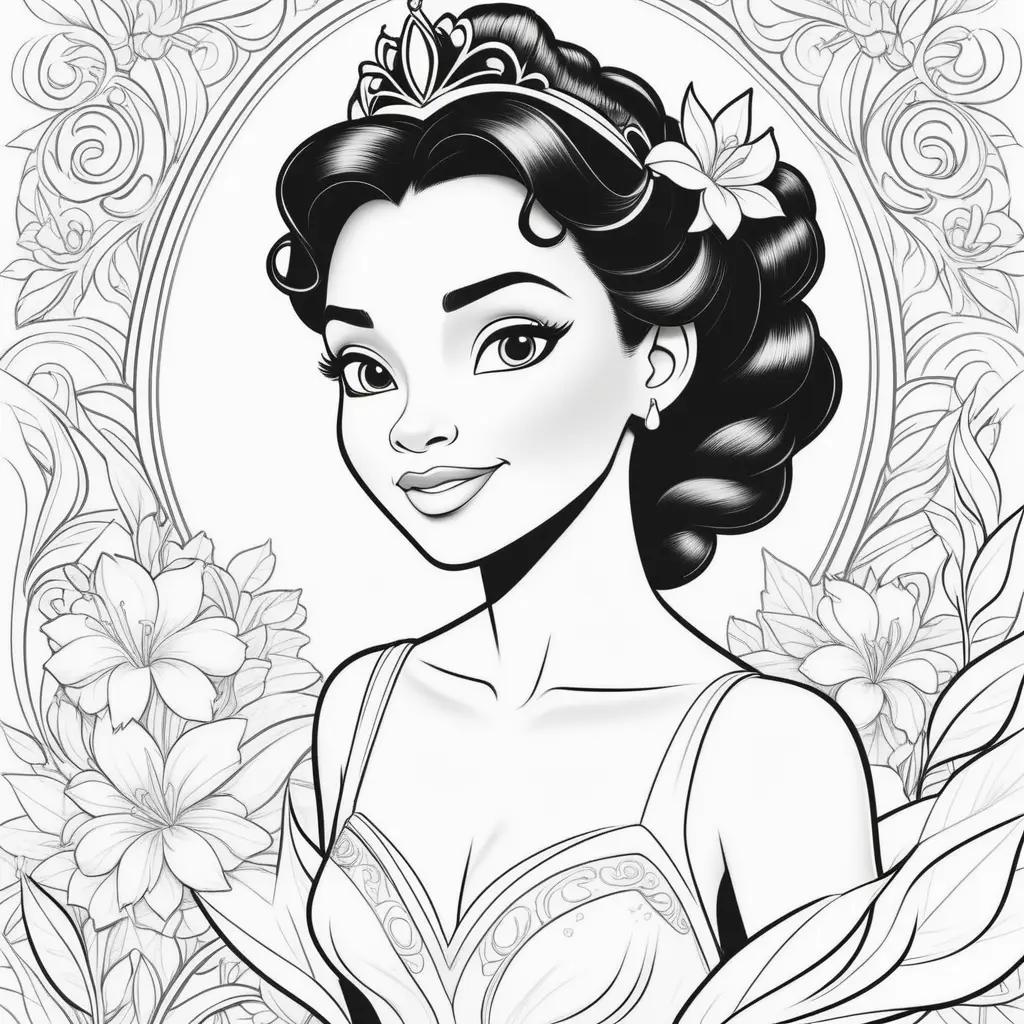 Black and white coloring pages of Disney Princess Tiana