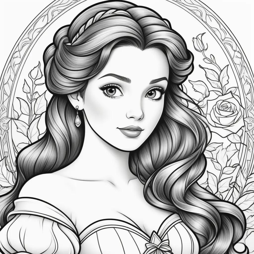 Black and white coloring pages of Disney princess Belle