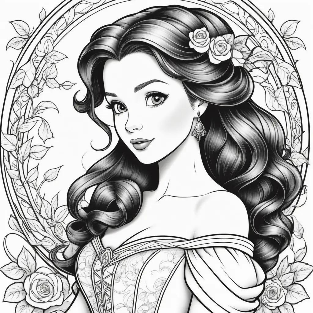 Black and white coloring pages of Disney princess Belle