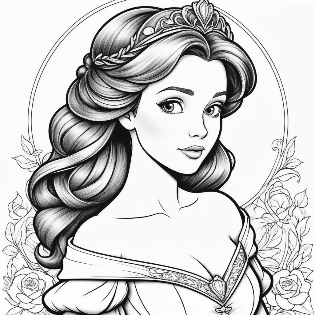 Black and white coloring pages of Disney princess Belle