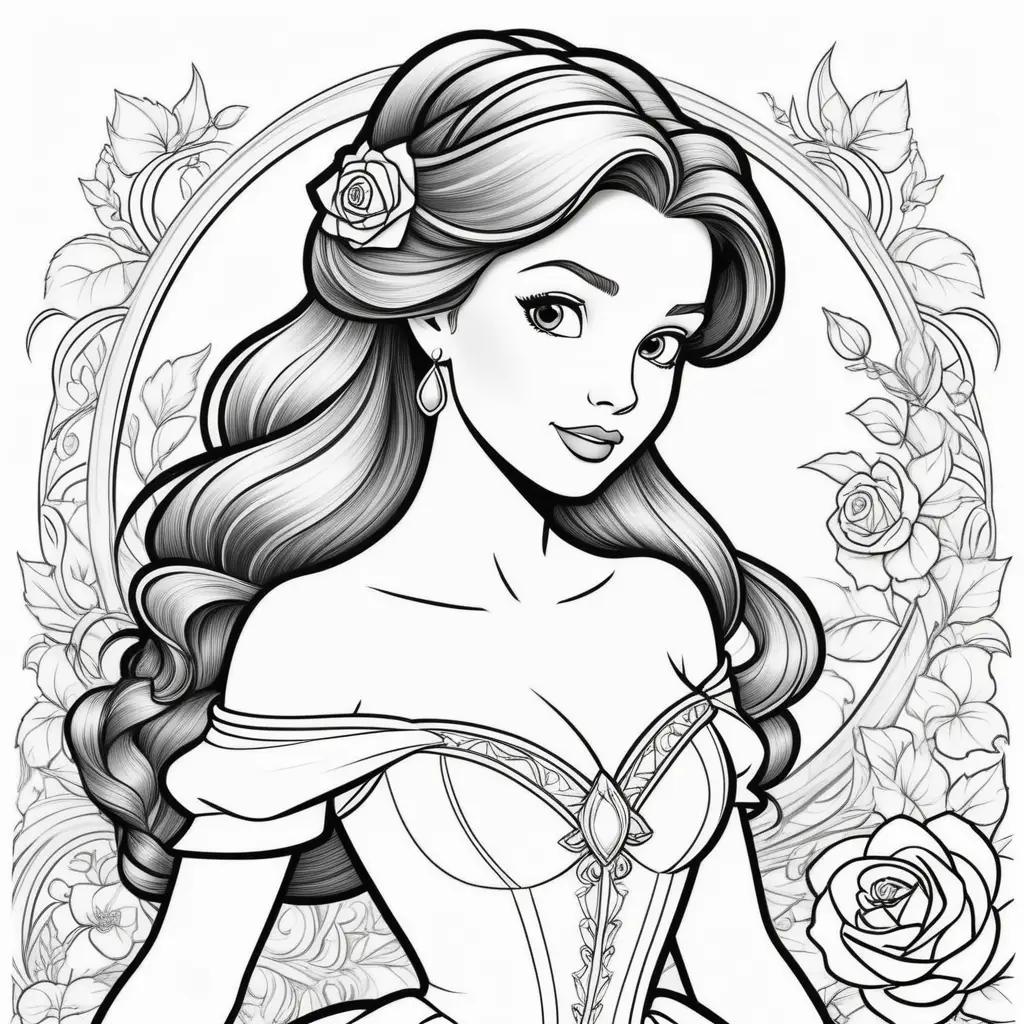 Black and white coloring pages of Disney princess Belle