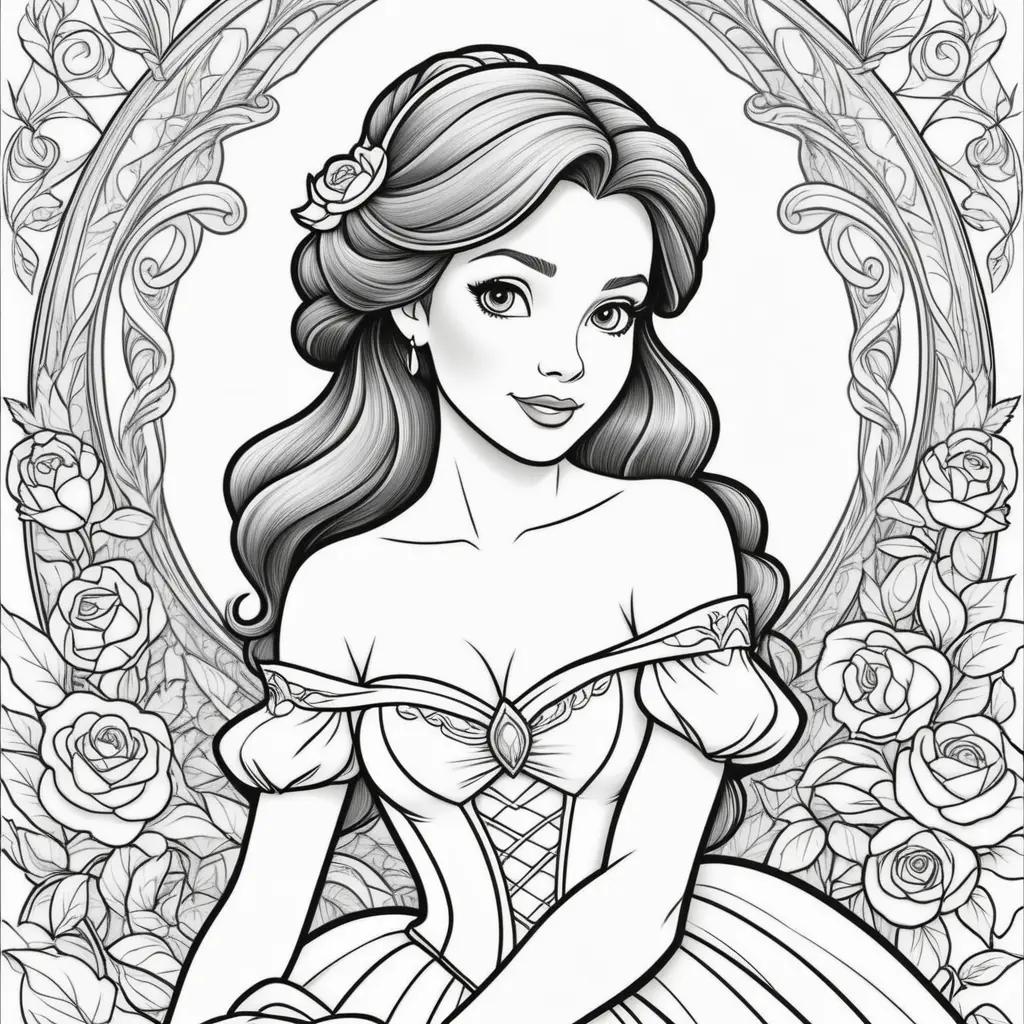 Black and white coloring pages of Disney princess Belle