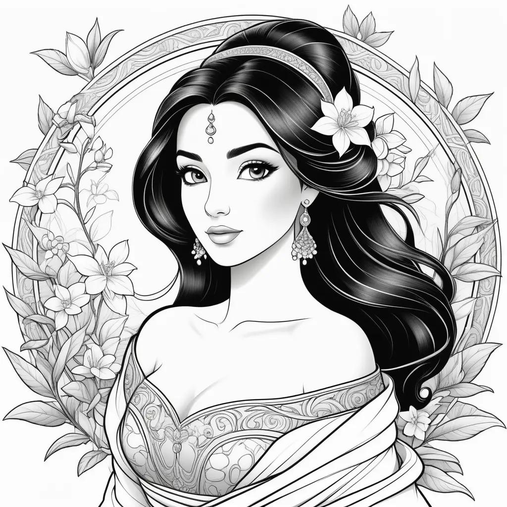 Black and white coloring pages of Disney princess Jasmine