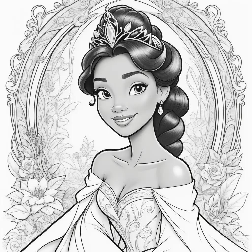 Black and white coloring pages of Disney princess Tiana