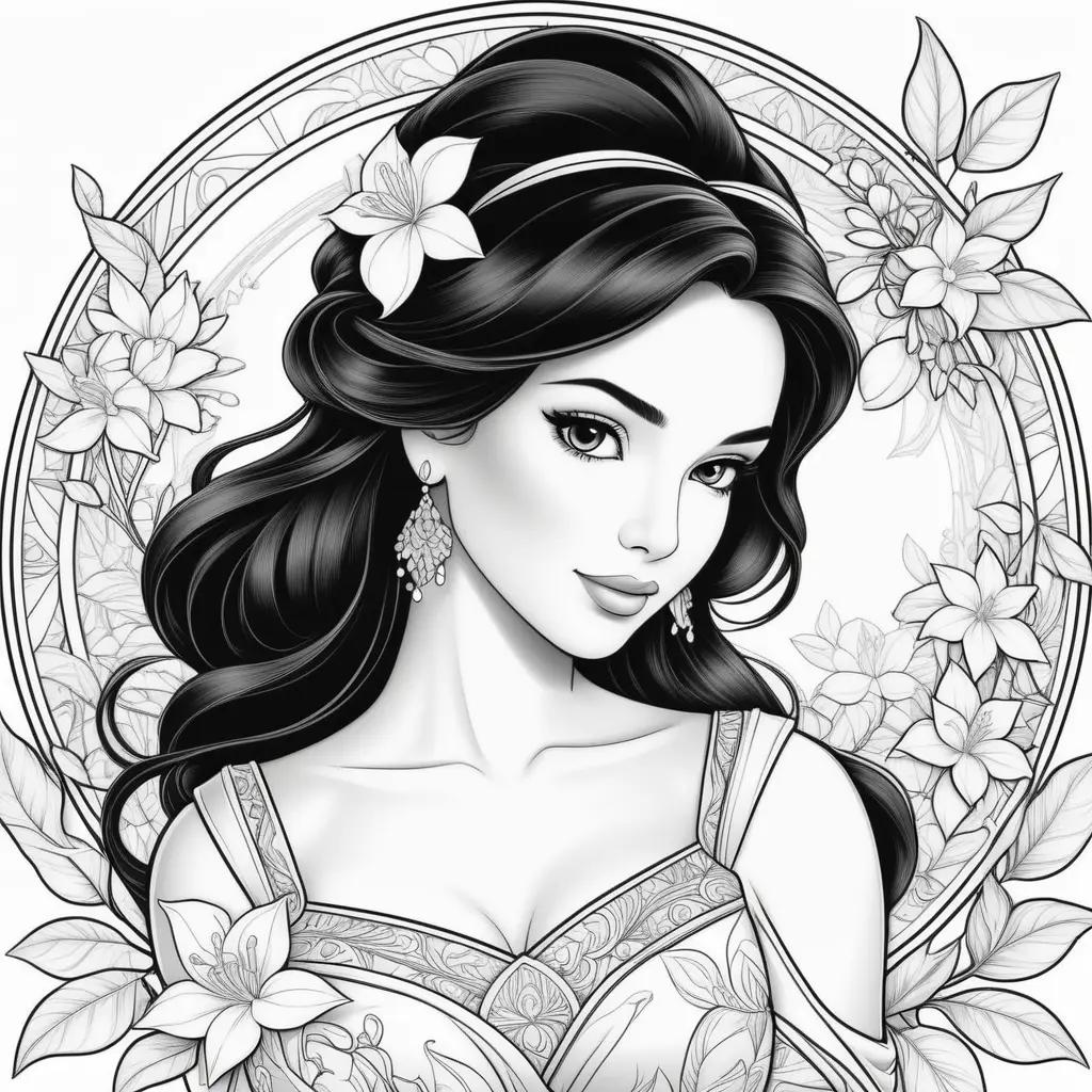 Black and white coloring pages of Disneys Jasmine