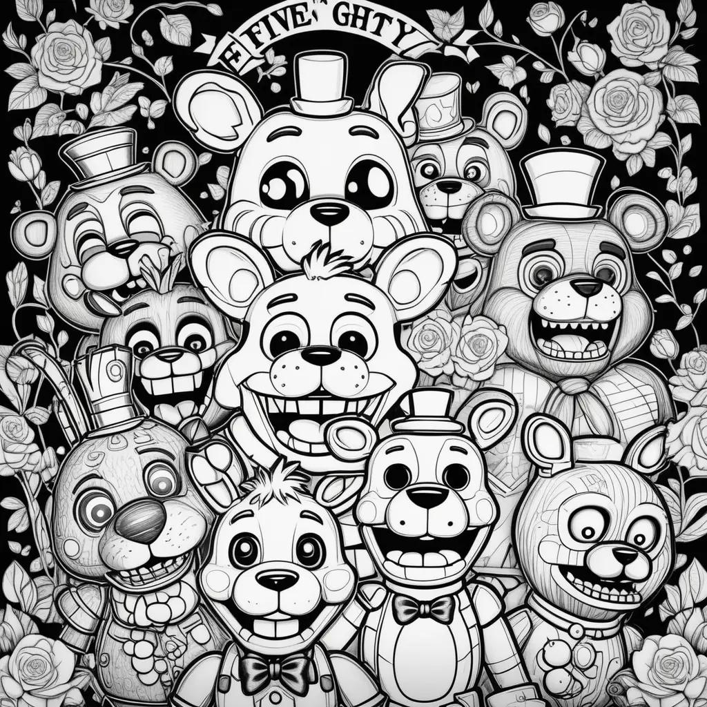 Black and white coloring pages of Five Night at Freddys characters