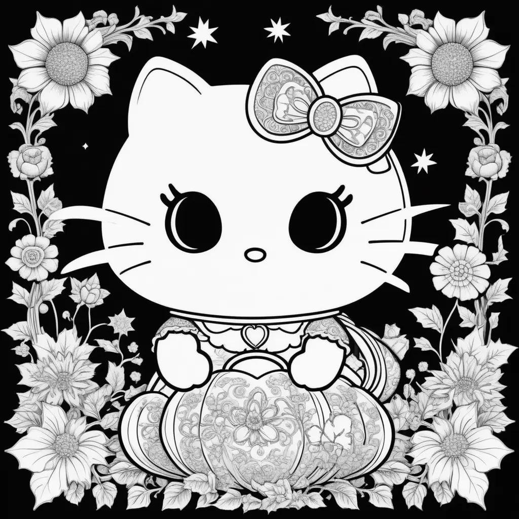 Black and white coloring pages of Hello Kitty Halloween