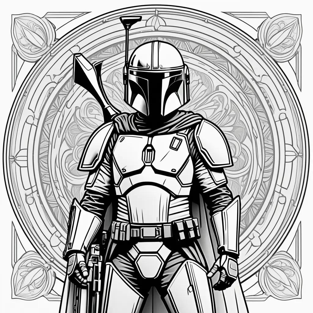 Black and white coloring pages of Mandalorian character