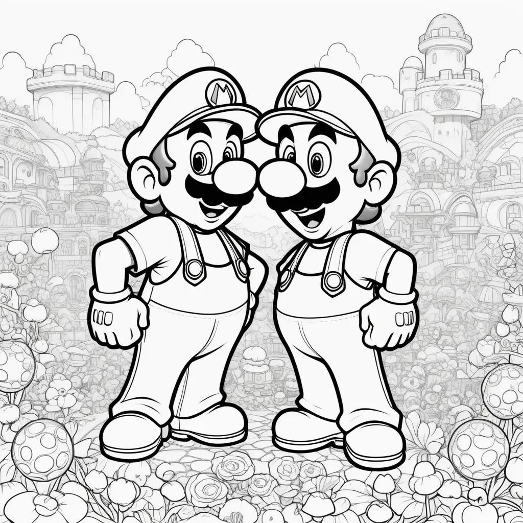 Black and white coloring pages of Mario and Luigi