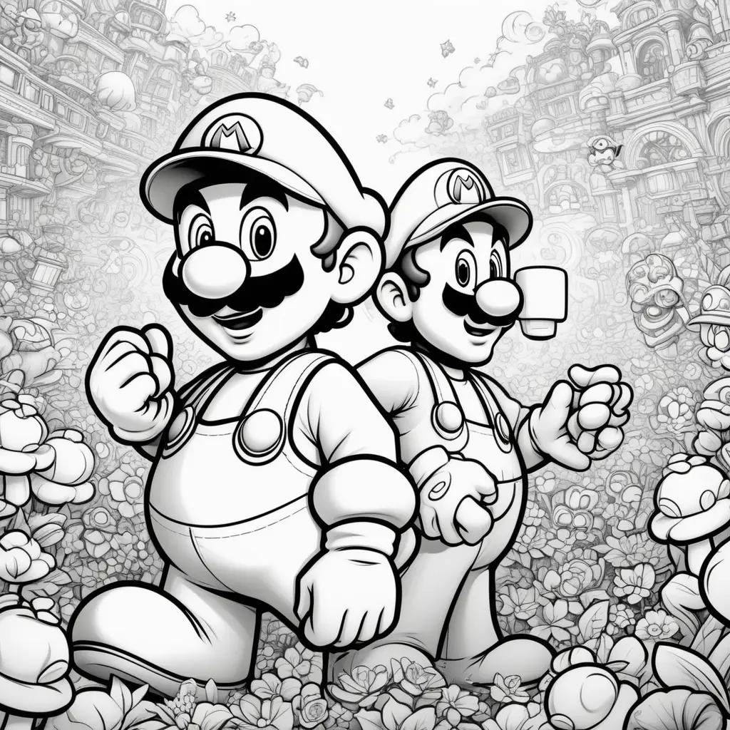 Black and white coloring pages of Mario and Luigi