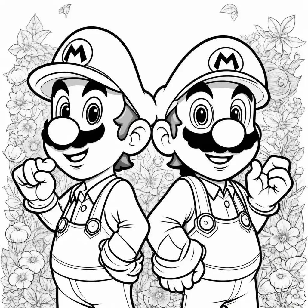 Black and white coloring pages of Mario and Luigi