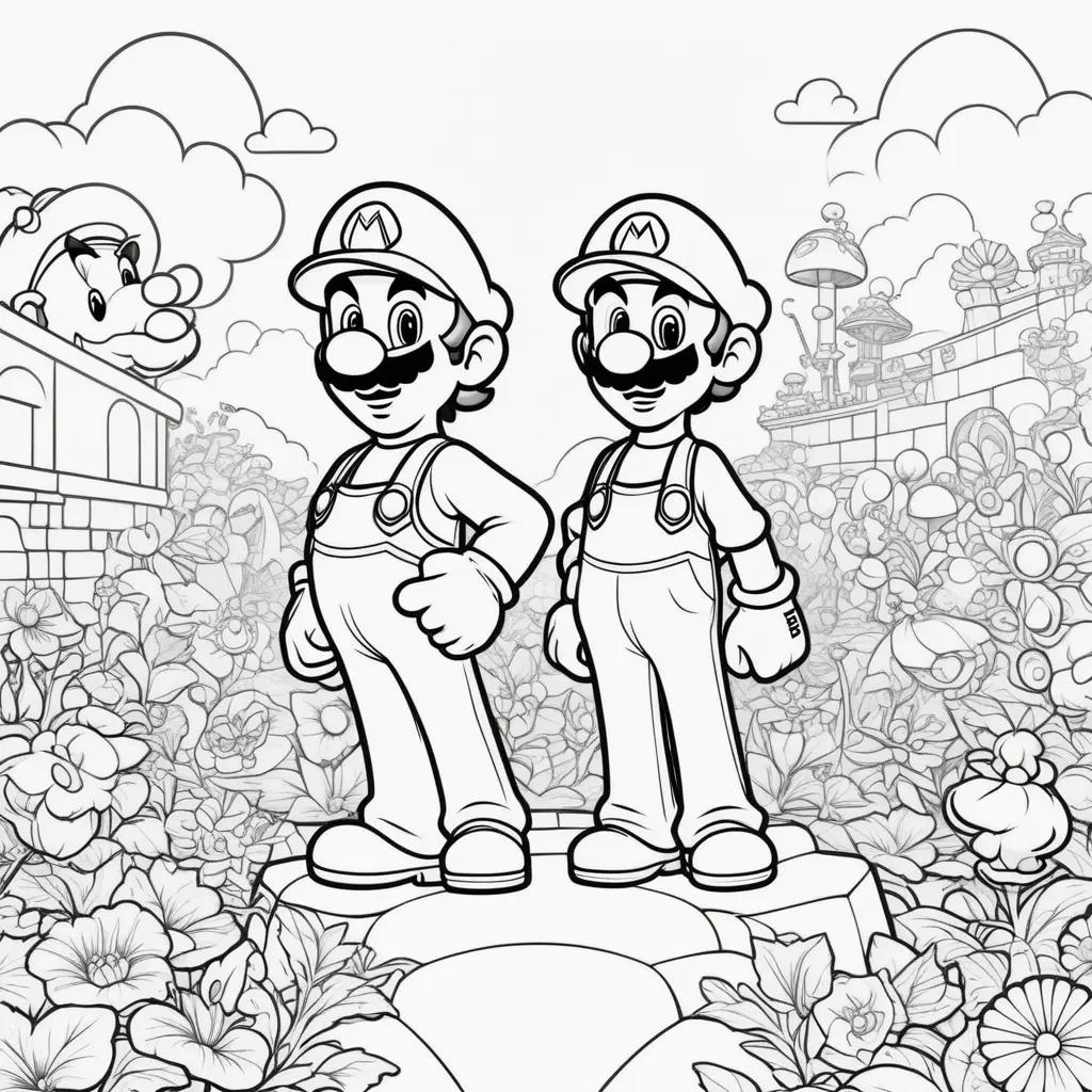 Black and white coloring pages of Mario and Luigi