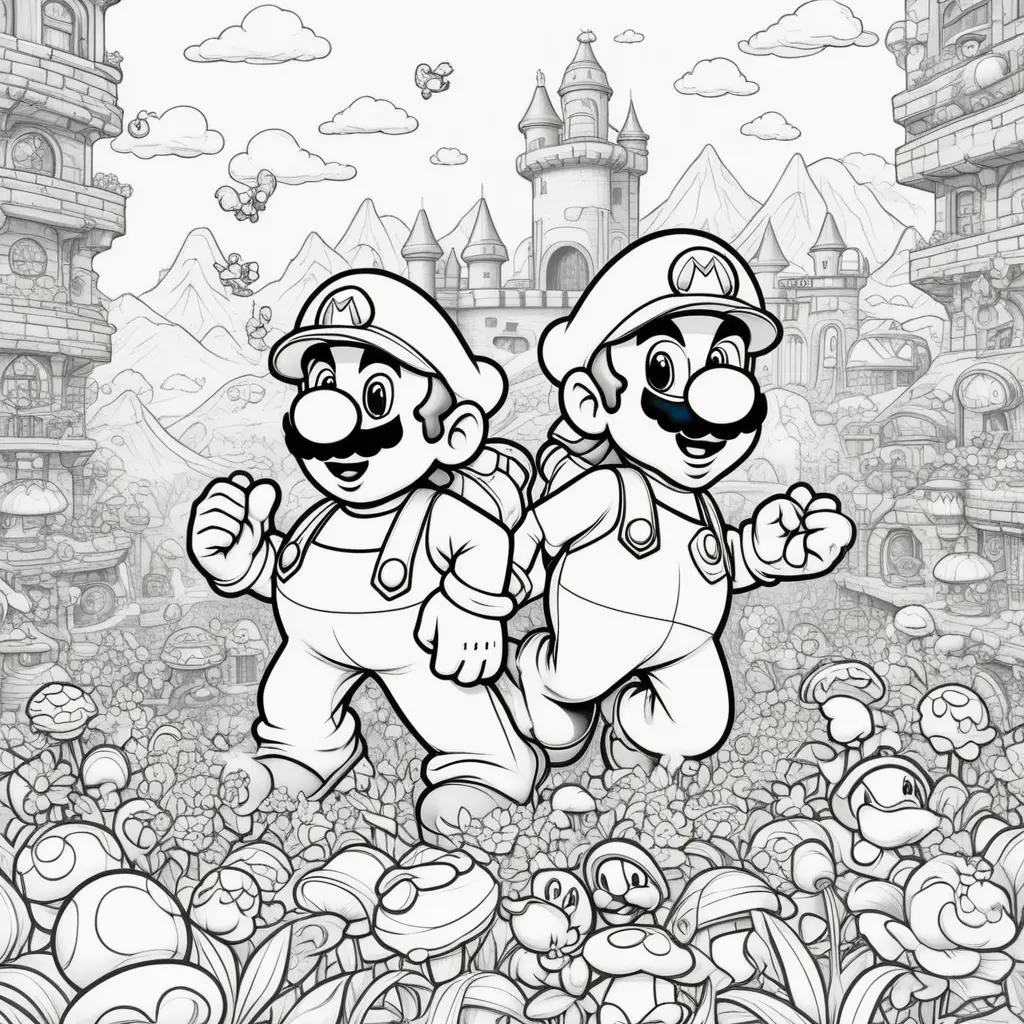 Black and white coloring pages of Mario and Luigi