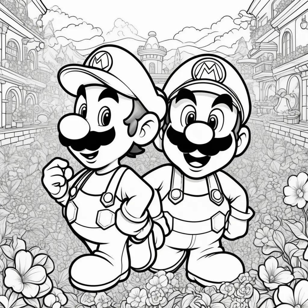 Black and white coloring pages of Mario and Luigi