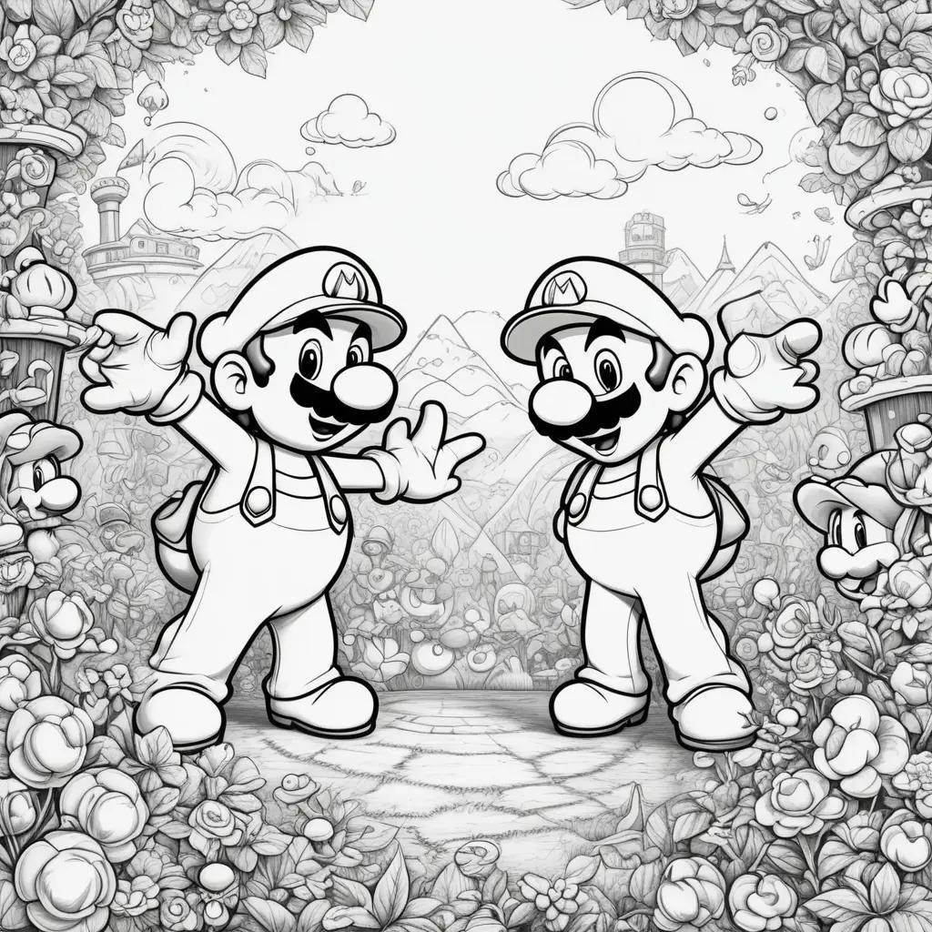 Black and white coloring pages of Mario and Luigi