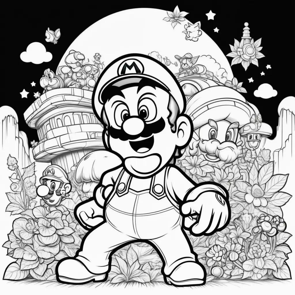 Black and white coloring pages of Mario and friends