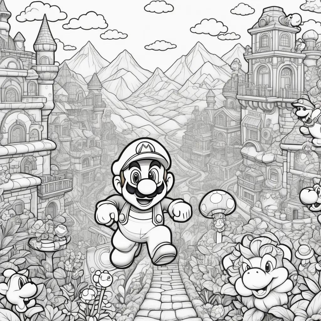 Black and white coloring pages of Mario and his friends