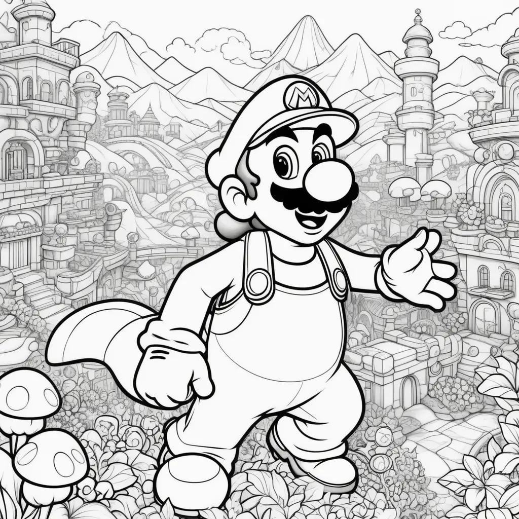 Black and white coloring pages of Mario and his friends