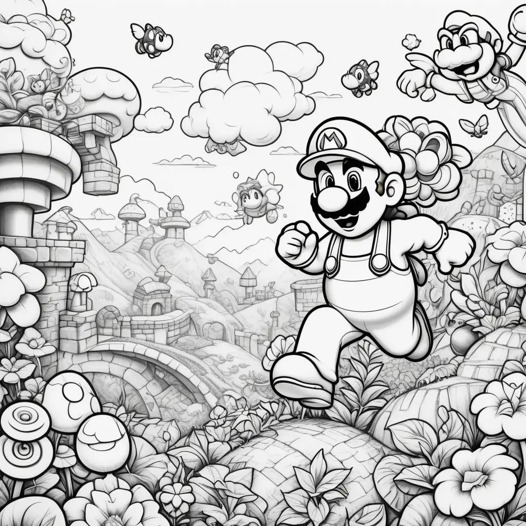 Black and white coloring pages of Mario and his friends