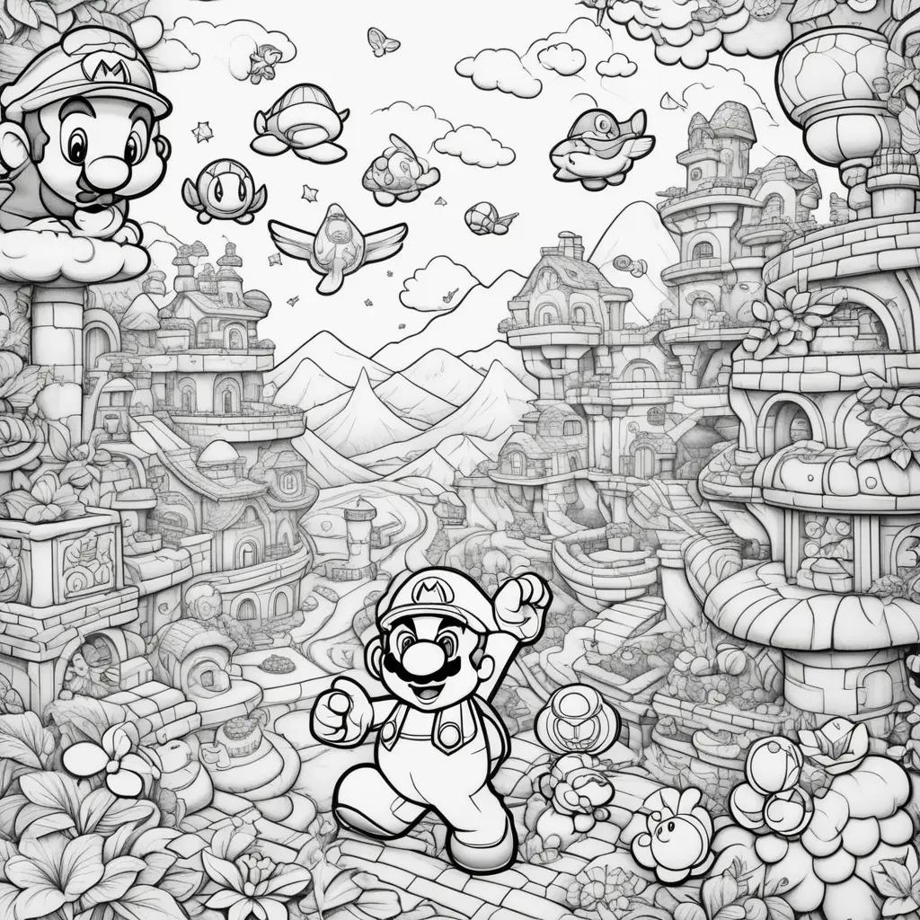 Black and white coloring pages of Mario and other characters