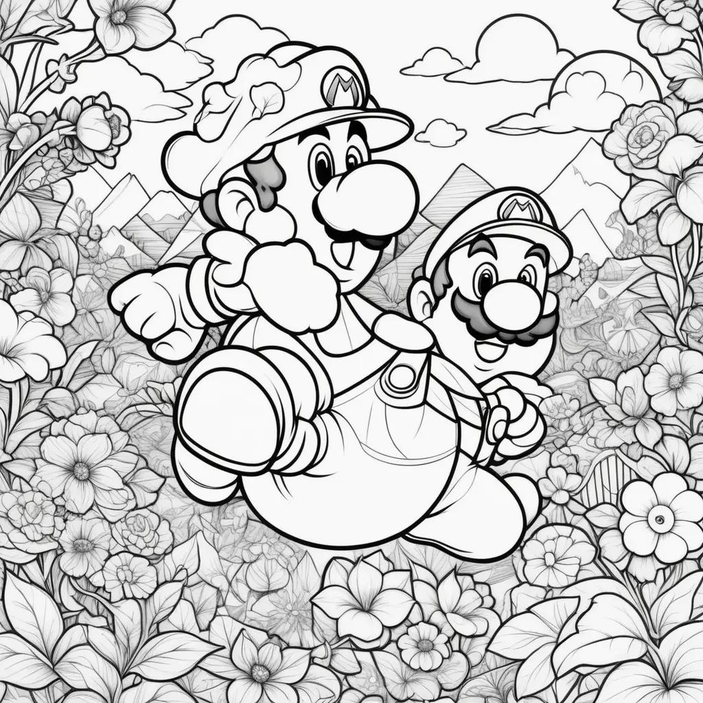 Black and white coloring pages of Mario brothers in a field of flowers