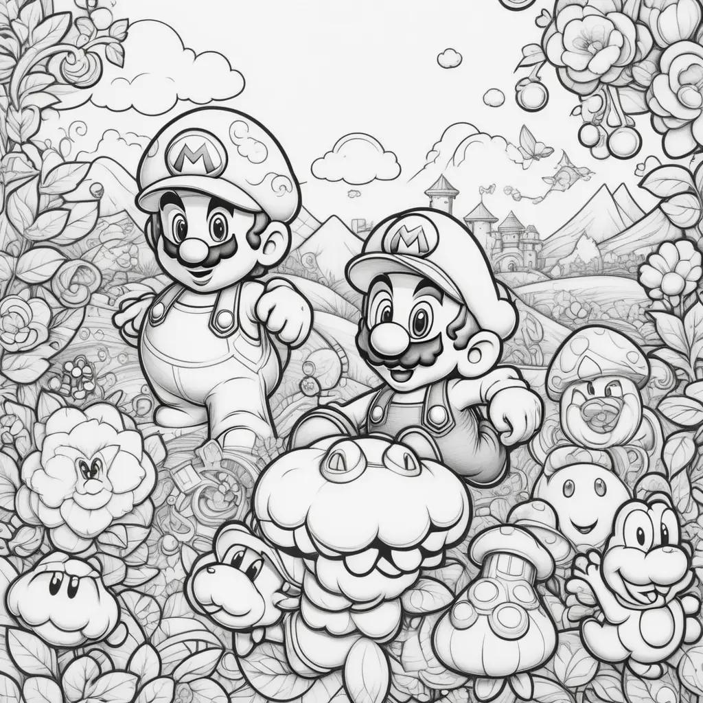 Black and white coloring pages of Mario characters