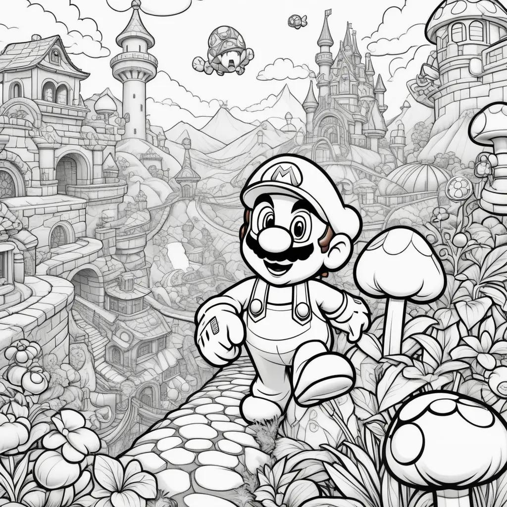 Black and white coloring pages of Mario in a movie