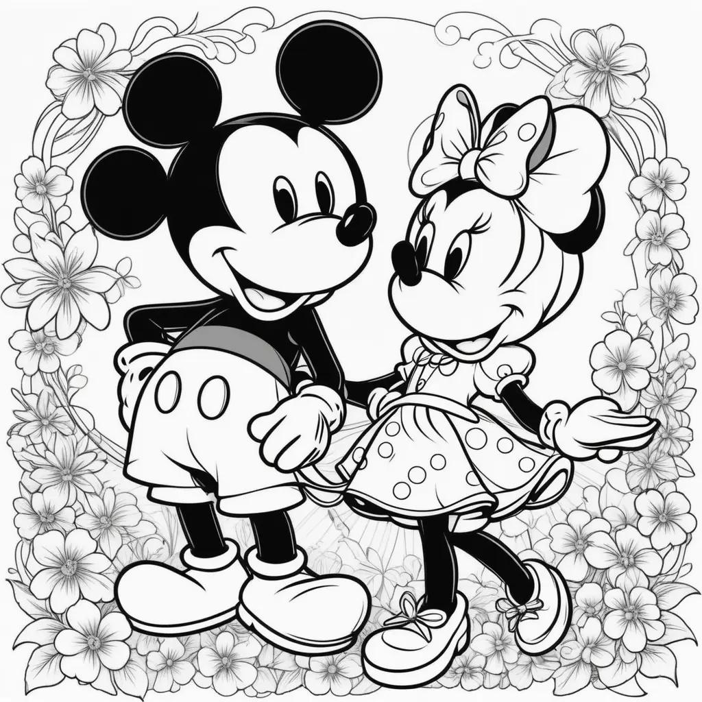 Black and white coloring pages of Mickey and Minnie