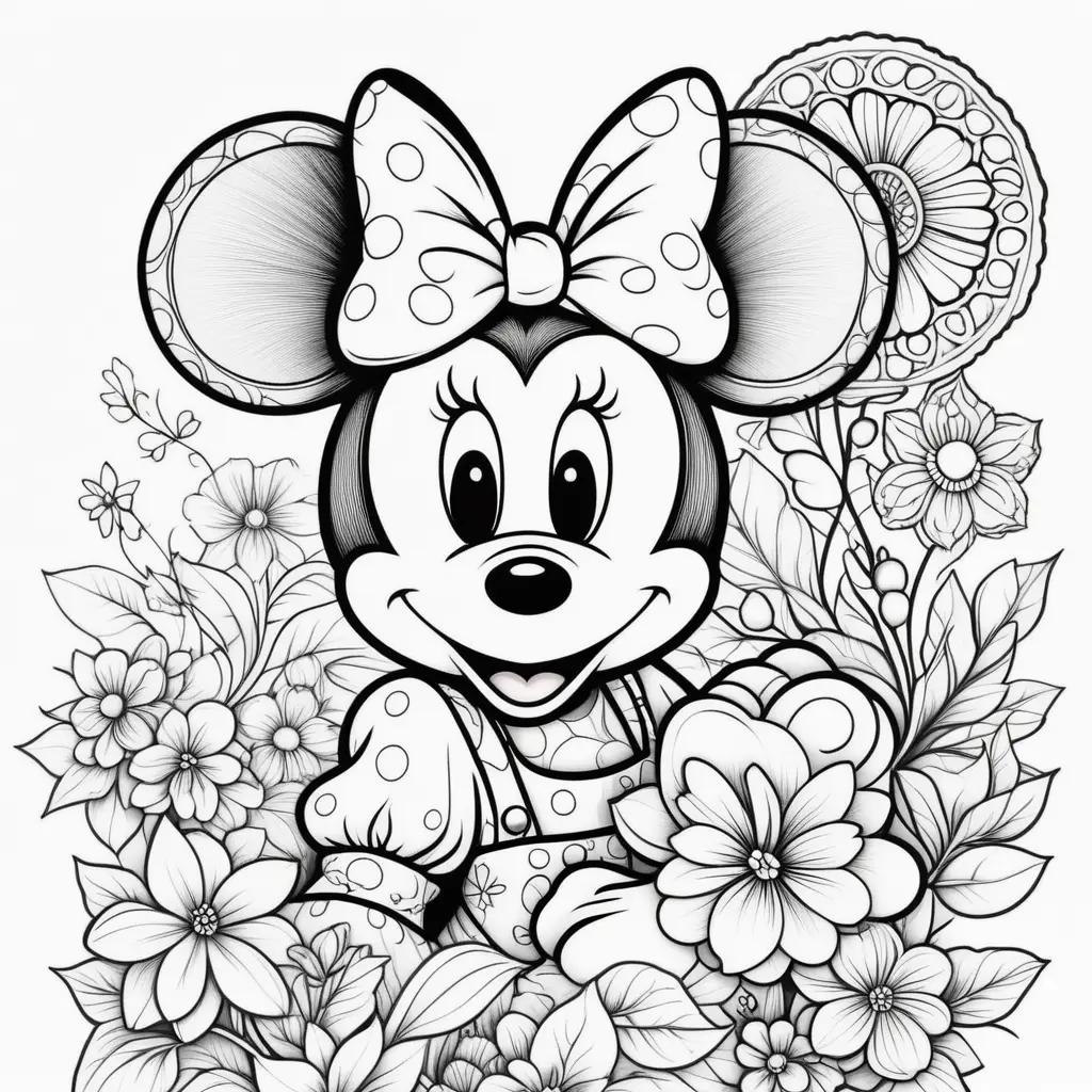 Black and white coloring pages of Minnie Mouse with flowers