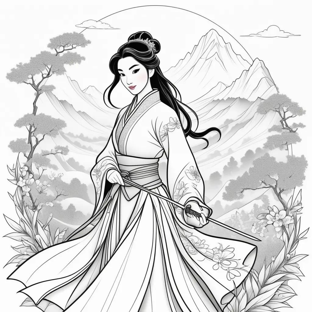 Black and white coloring pages of Mulan