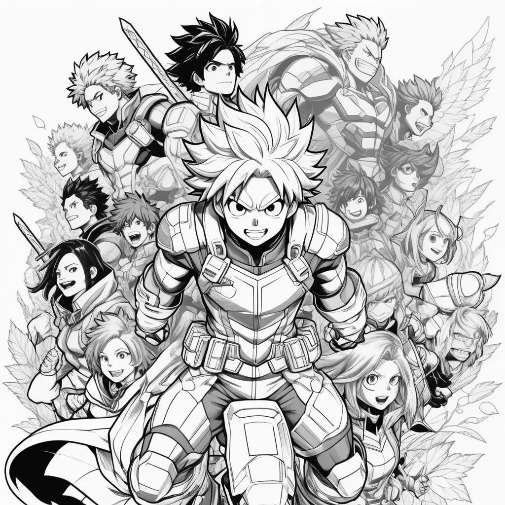 Black and white coloring pages of My Hero Academia characters