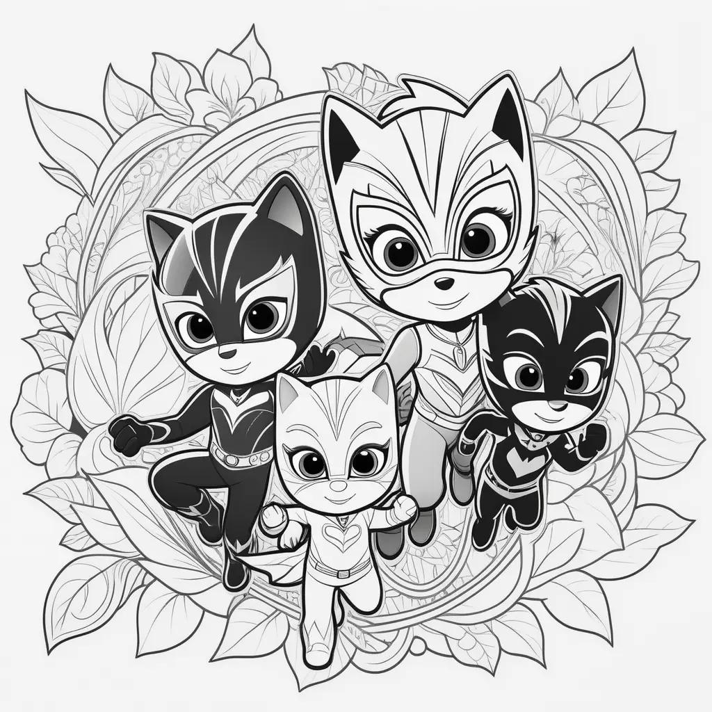 Black and white coloring pages of PJ Masks characters