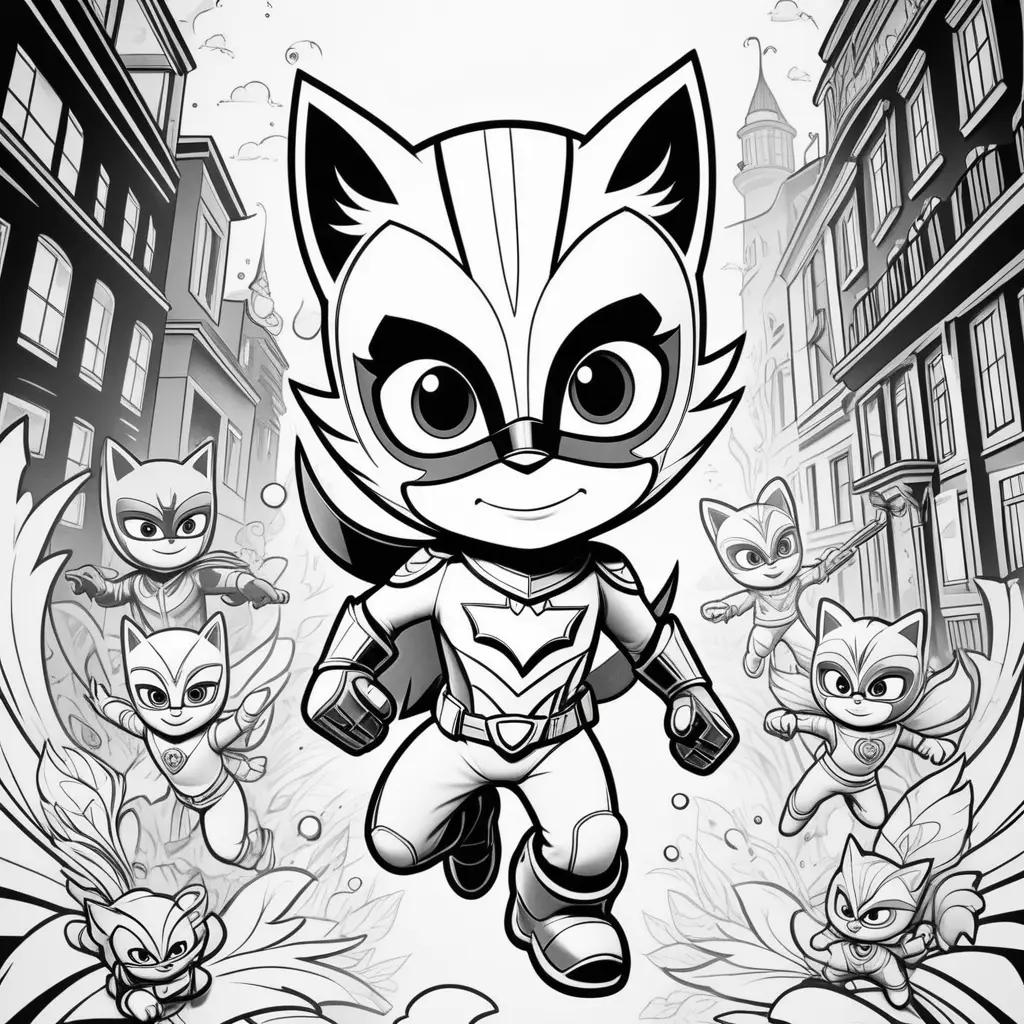 Black and white coloring pages of PJ Masks characters