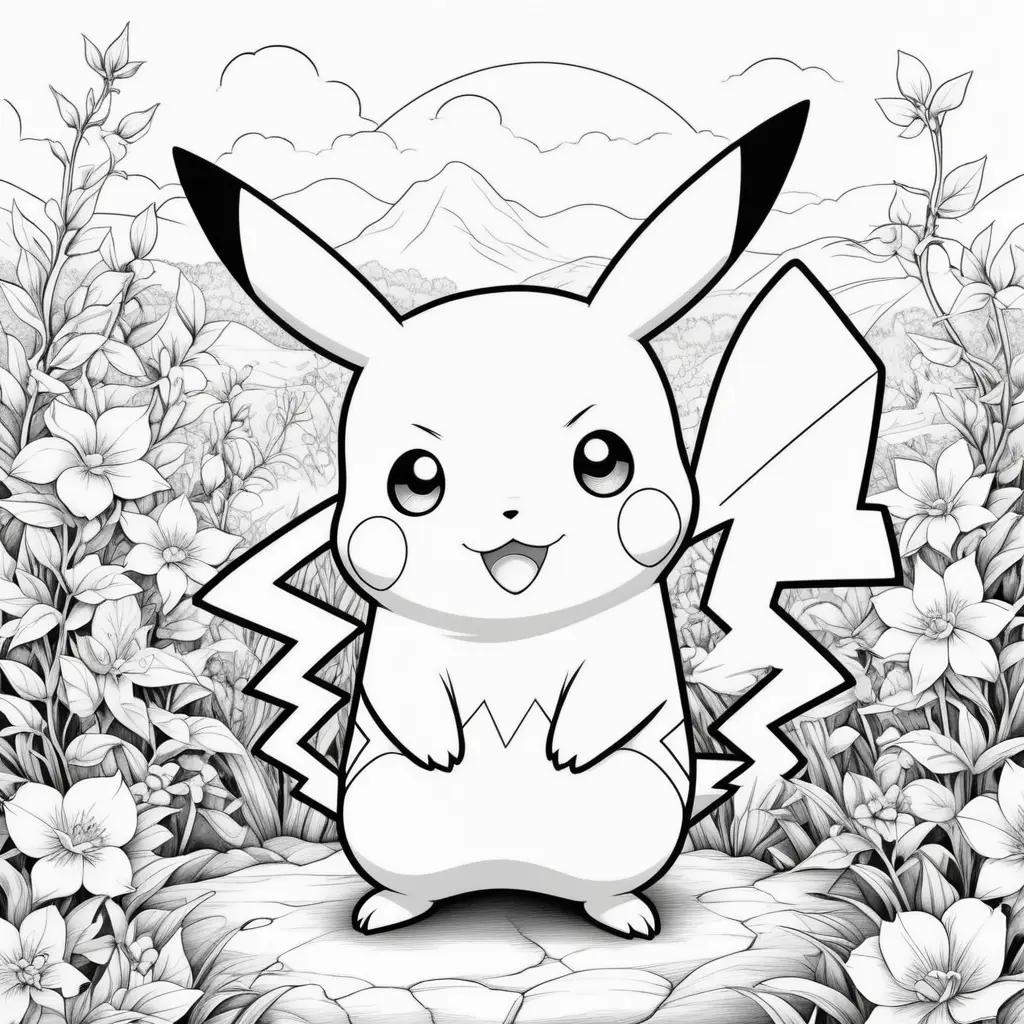 Black and white coloring pages of Pikachu in a field