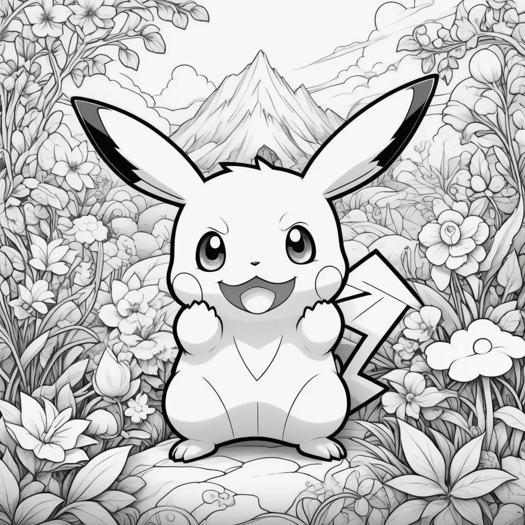 Black and white coloring pages of Pikachu in a forest