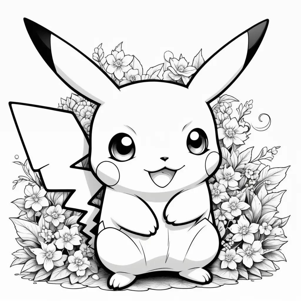 Black and white coloring pages of Pikachu with flowers