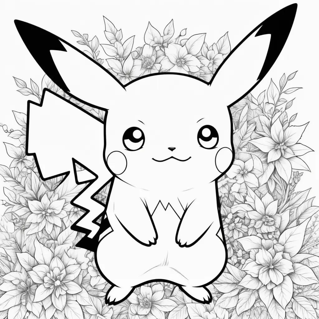 Black and white coloring pages of Pikachu with flowers