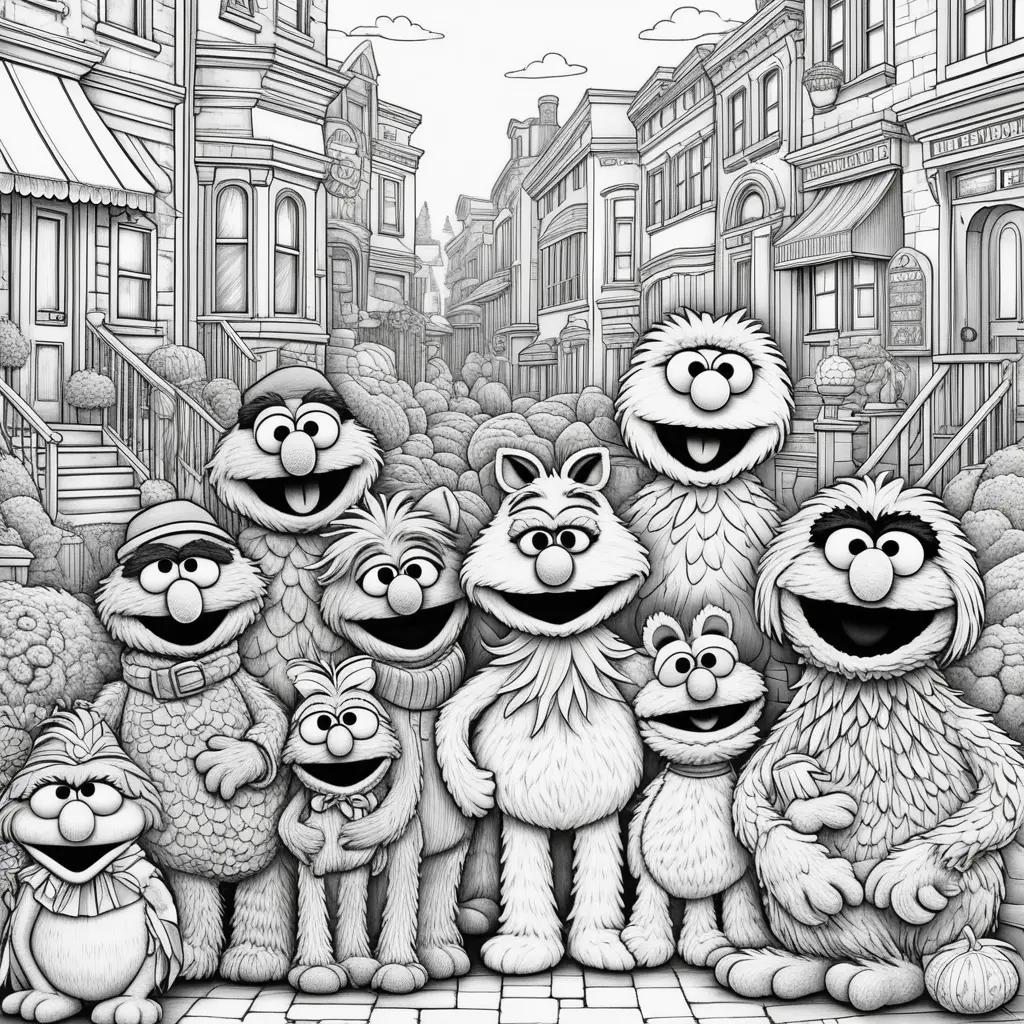 Black and white coloring pages of Sesame Street characters