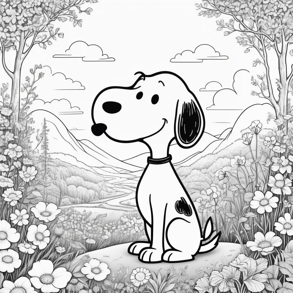 Black and white coloring pages of Snoopy dog in a flower garden