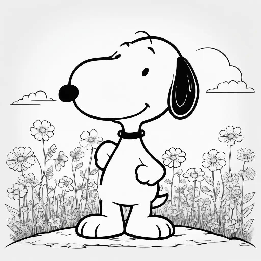 Black and white coloring pages of Snoopy in a field of flowers