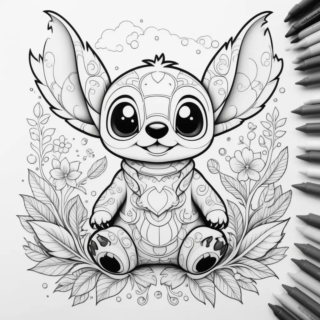 Black and white coloring pages of Stitch and other characters