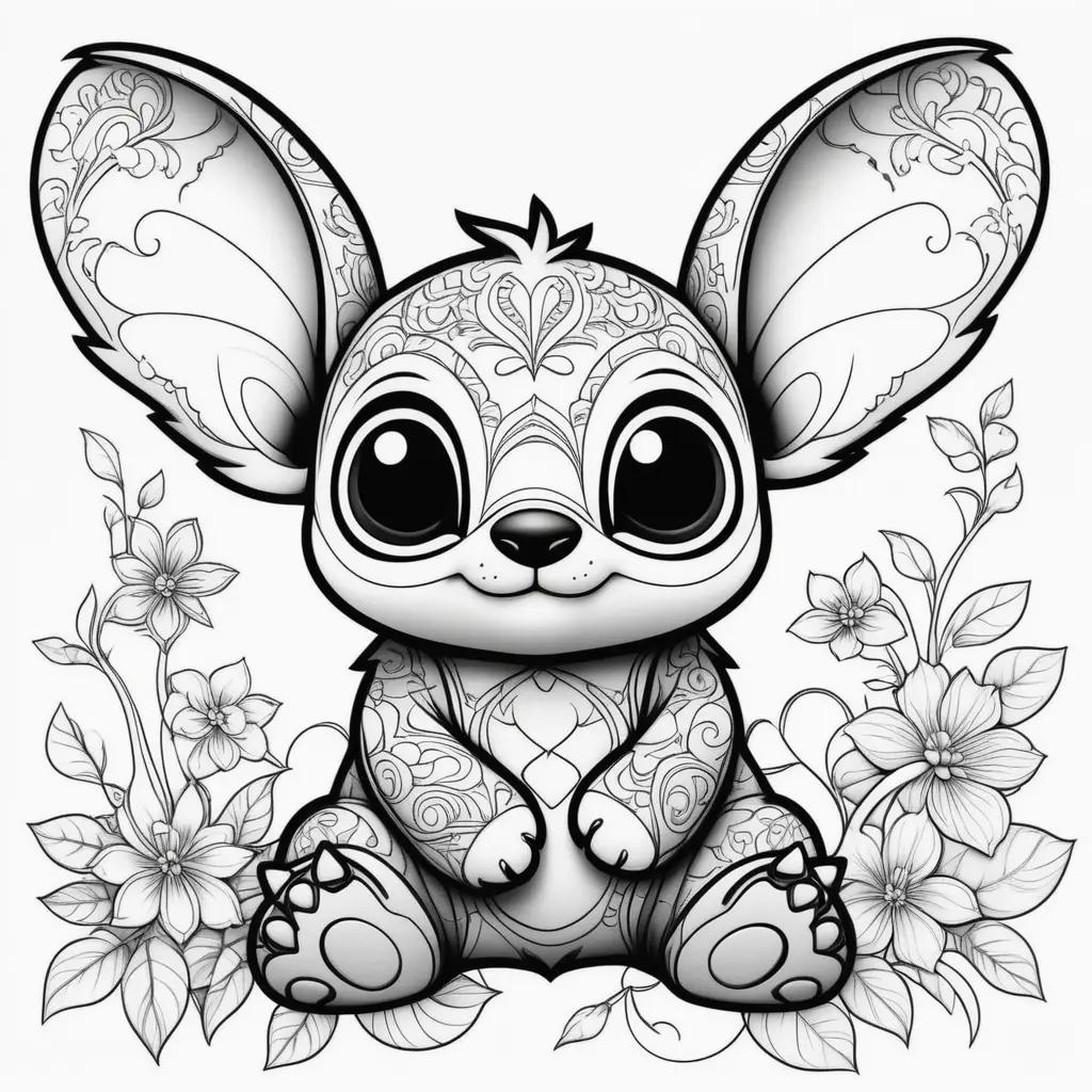 Black and white coloring pages of Stitch with flowers